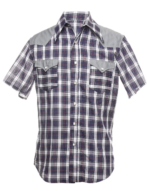 Cozy Chic Wear Navy Short Sleeve Western Checked Shirt - L