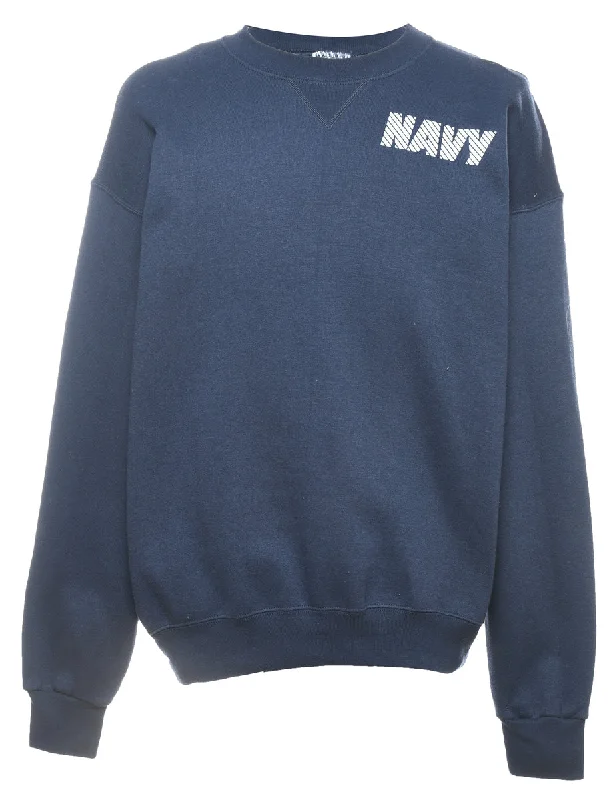 Embroidery Design Navy & White Printed Round Neck Sweatshirt - L