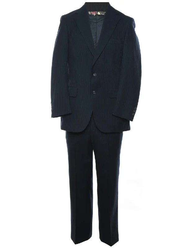 Celebrity Style Pinstriped Navy Classic Design Suit - L