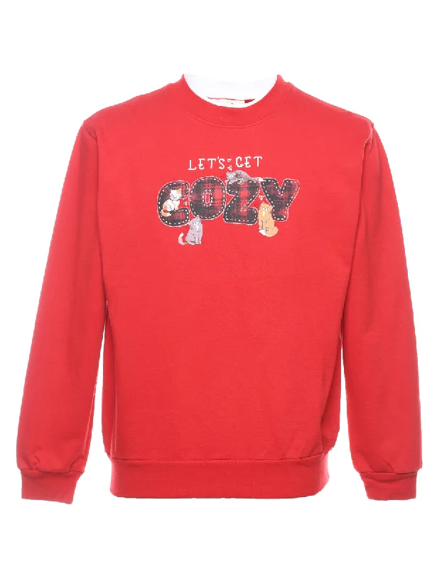 Elegant And Lazy Red Cat Design Printed Sweatshirt - M
