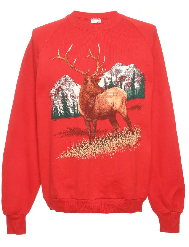 British Style Red Christmas Animal Print  Sweatshirt - M