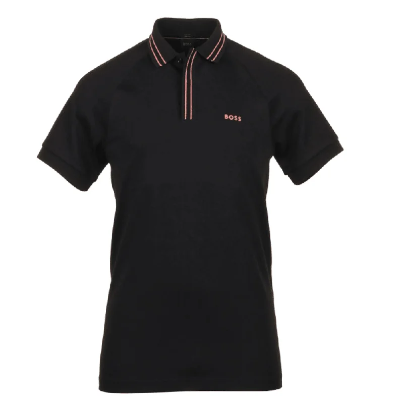 Slightly Flared Design Hugo Boss Men's Paule 2 Slim Fit Cotton Polo T-Shirt w/ Pink Stripes, Black