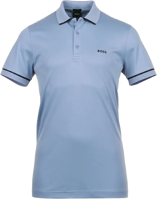 Embroidered Letters Hugo Boss Men's Paule Slim Fit Polo w/ Black Trims, Light Blue Embroidered Letters Hugo Boss Men's Paule Slim Fit Polo w/ Black Trims, Light Blue