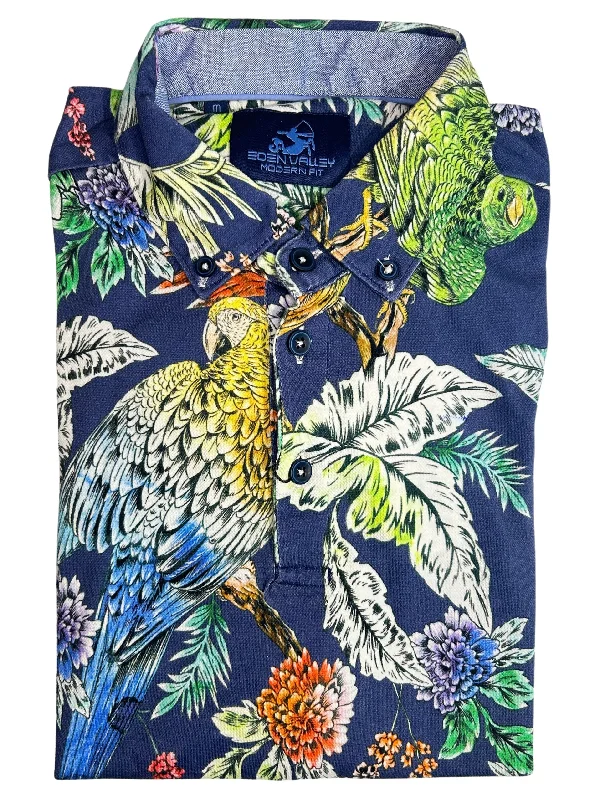 All-Day Comfort NAVY PARROT PRINT POLO SHIRT