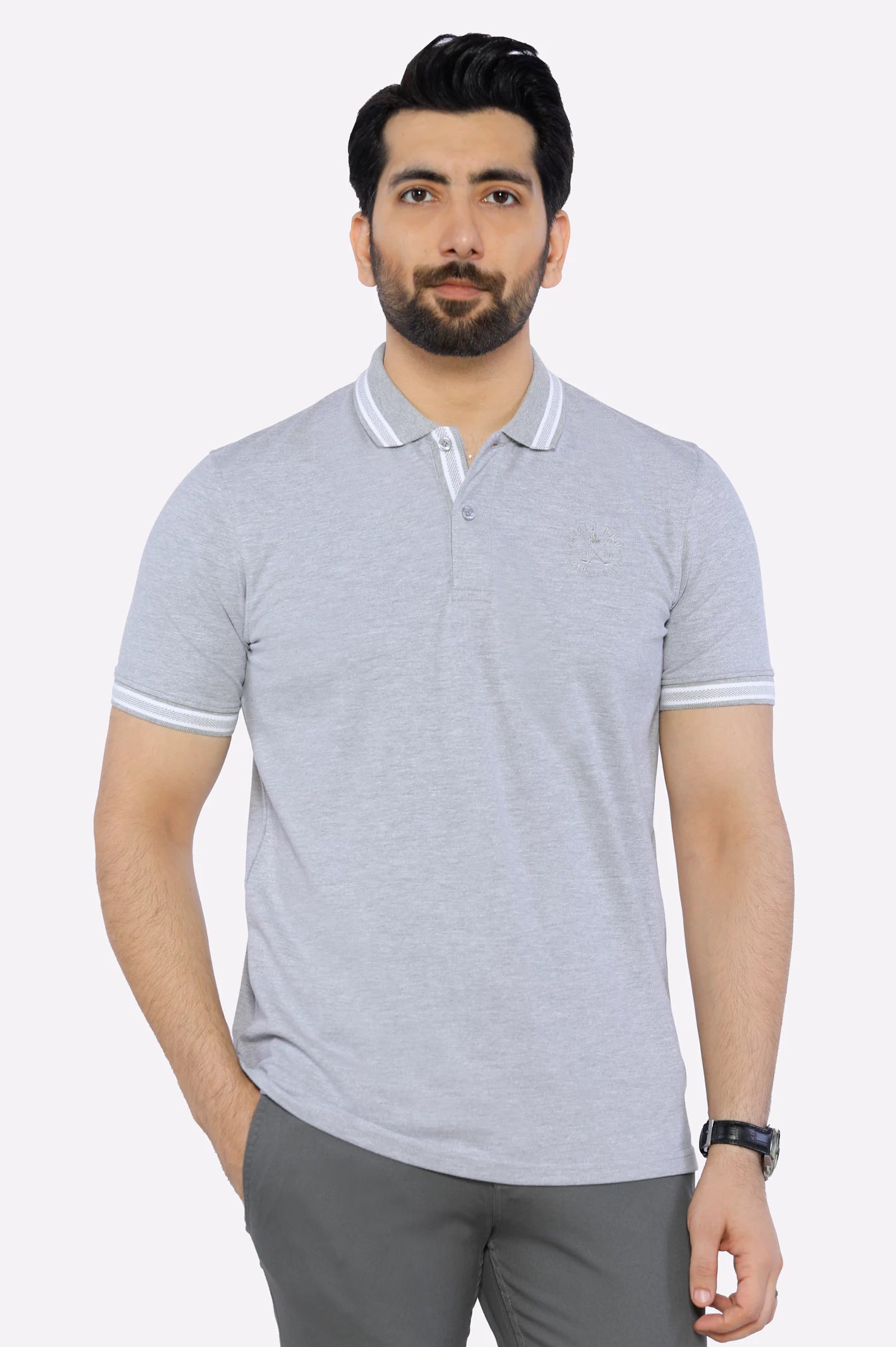Soft Comfort Heather Grey Jacquard Collar Polo