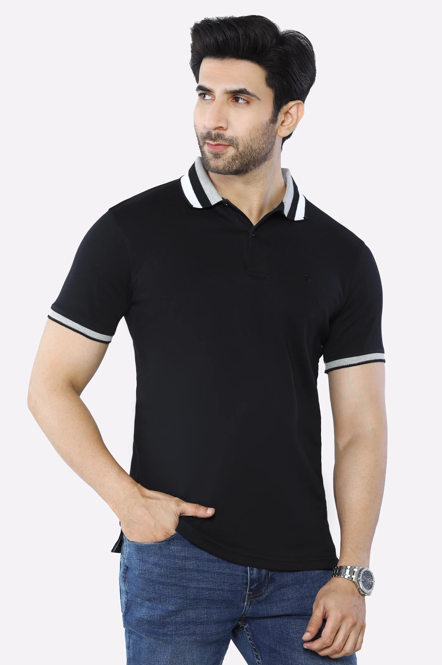 Comfortable Jeans Black Jacquard Collar Polo