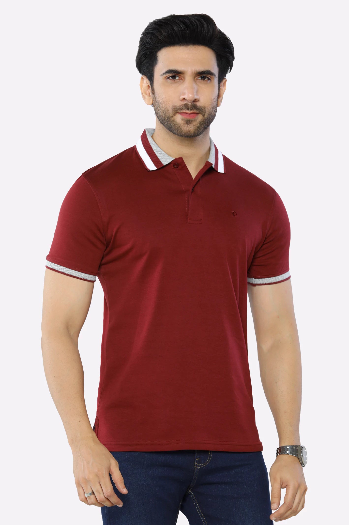 Chic Outfits Maroon Jacquard Collar Polo