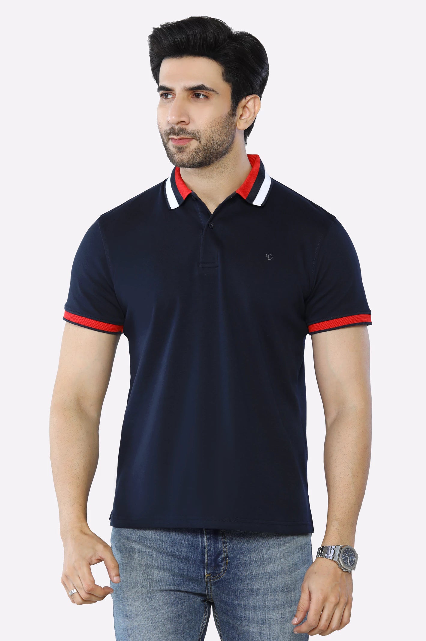 Casual Chic Wear Navy Blue Jacquard Collar Polo