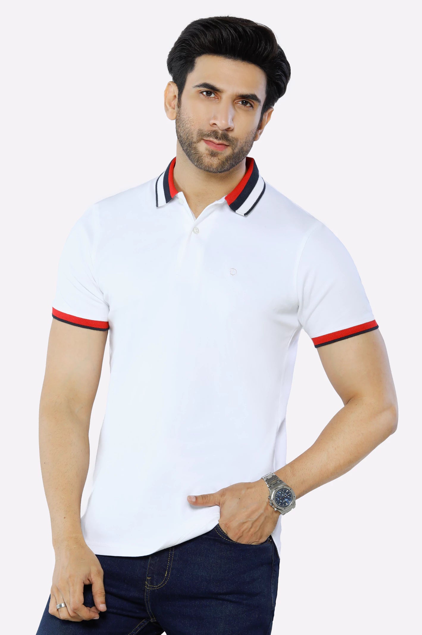 Cozy Shirts White Jacquard Collar Polo