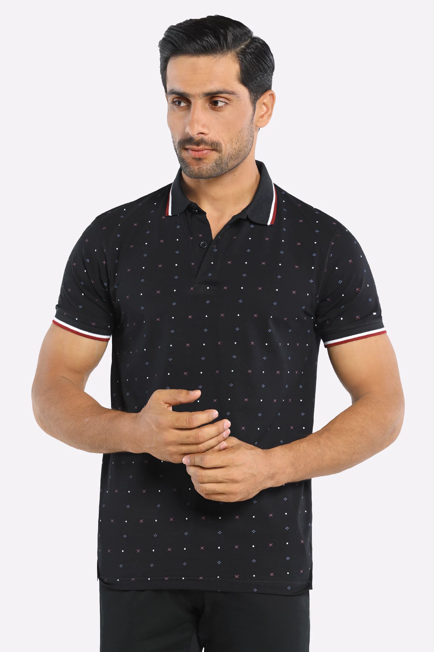 Layered Style Black All Over Printed Polo