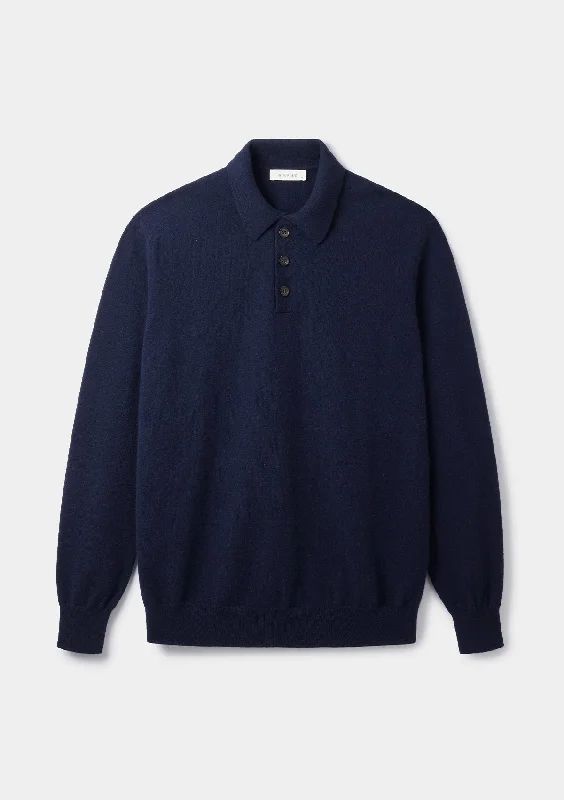 British Style Navy Cashmere Long Sleeve Polo