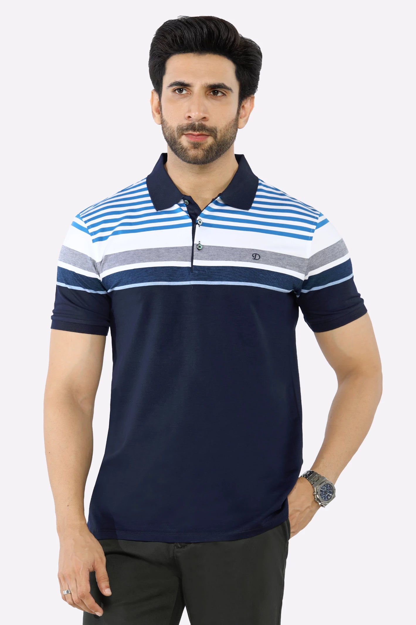 Comfortable Fashion Blue Yarn Dyed Polo