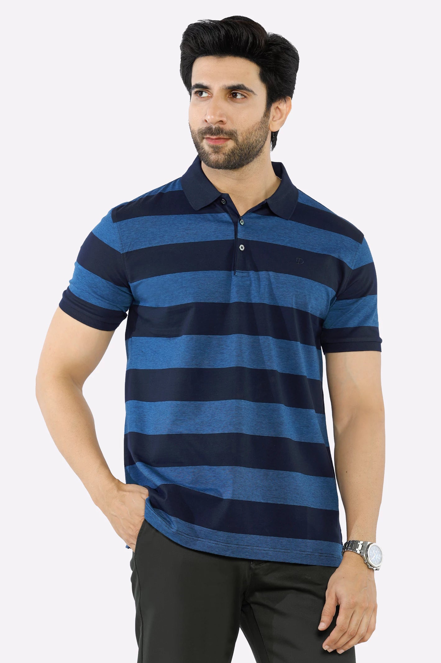 Sporty Elegance Navy Blue Yarn Dyed Polo