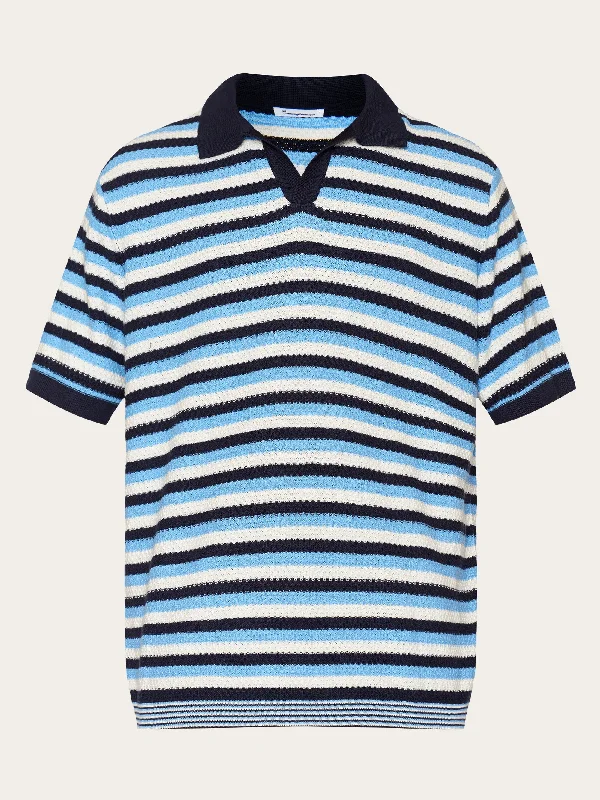 Versatile Items Regular short sleeve striped knitted polo - GOTS/Vegan - Blue stripe Versatile Items Regular short sleeve striped knitted polo - GOTS/Vegan - Blue stripe
